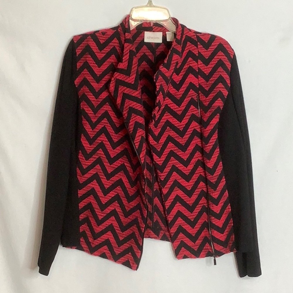 Chico's Renaissance Red Chevron Jacquard Moto Jacket Size L
